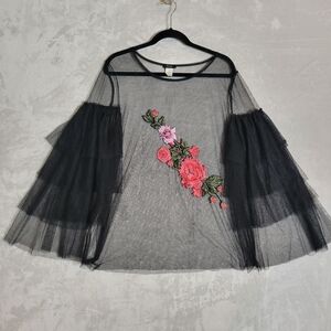VTG Black Whimsigoth Sheer Mesh Floral Applique Shirt 3X Tiered Sleeves Volup